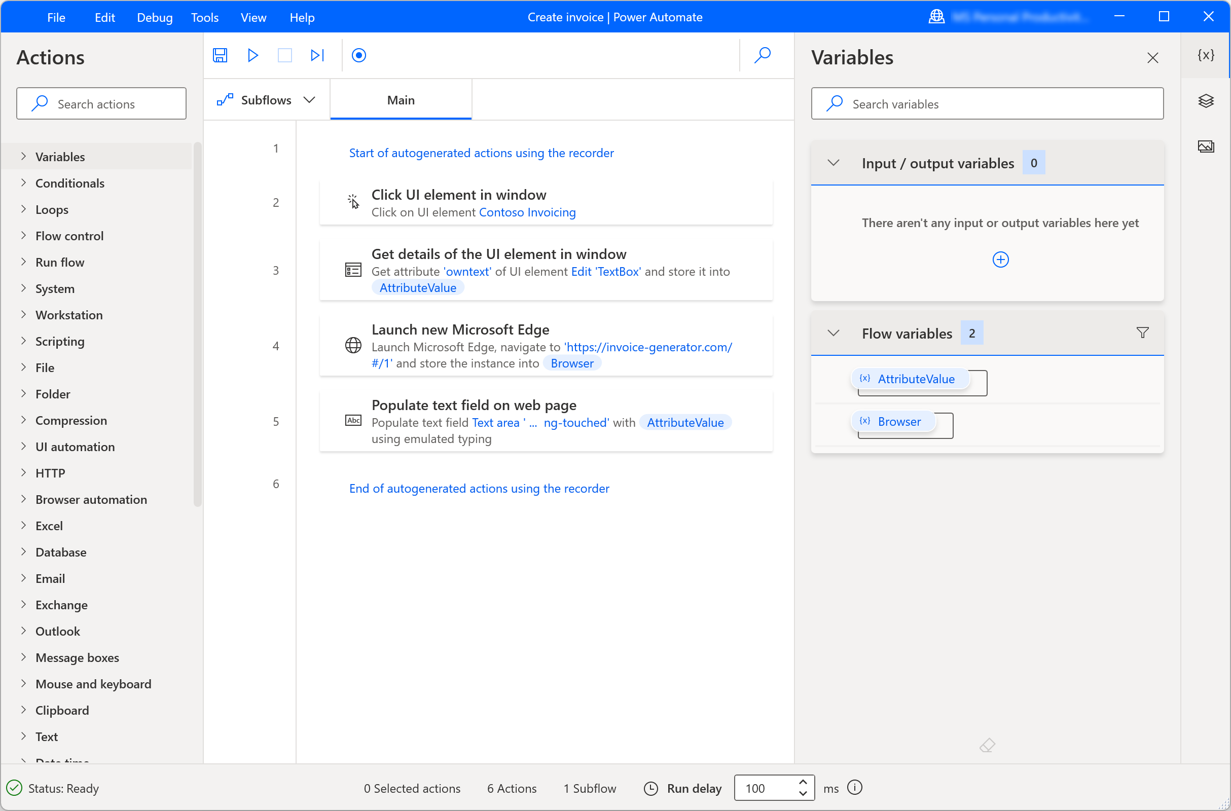 Microsoft Power Automate desktop flow editor